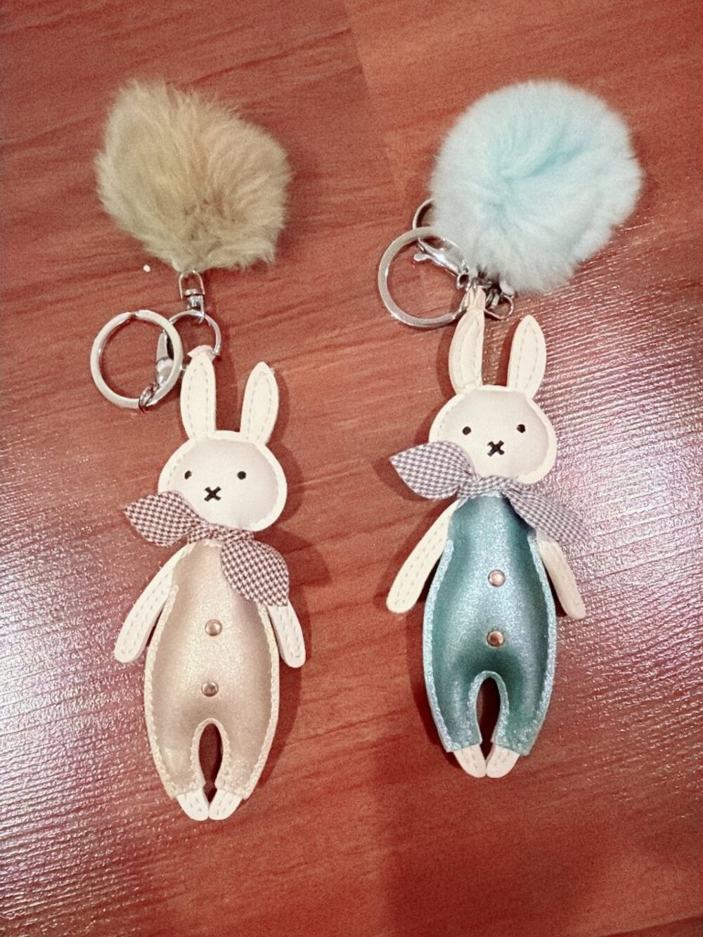 Set of 2 Faux Leather Bunny Keychains with Pom Poms – Miffy Style (Beige & Light